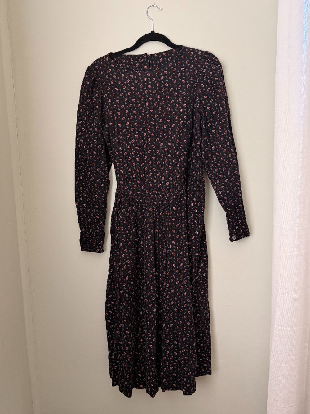 Vintage Corduroy Paisley Print Black 1980s Laura Ashley Dress Square Neckline